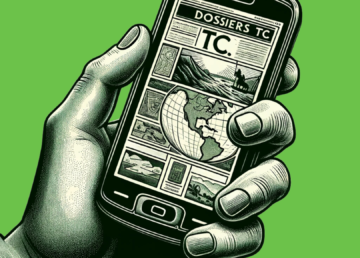 Mano agarrando un celular donde se puede leer un documento con el nombre Dossiers TC