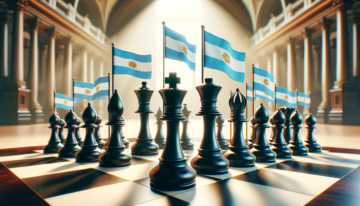 Piezas de ajedrez sobre el tablero. Sobre cada pieza está la bandera argentina.