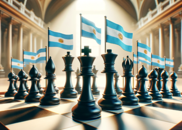 Piezas de ajedrez sobre el tablero. Sobre cada pieza está la bandera argentina.