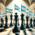 Piezas de ajedrez sobre el tablero. Sobre cada pieza está la bandera argentina.