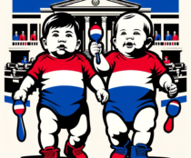 Dos bebés sosteniendo maracas. Están con ropa con los colores de Paraguay: Rojo, Blanco y Azul.