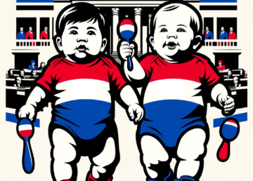 Dos bebés sosteniendo maracas. Están con ropa con los colores de Paraguay: Rojo, Blanco y Azul.