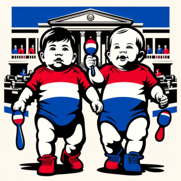 Dos bebés sosteniendo maracas. Están con ropa con los colores de Paraguay: Rojo, Blanco y Azul.